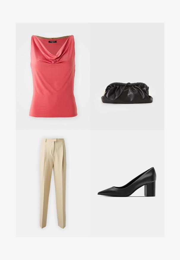 Korálová bezrukávová halenka s volným výstřihem a zlatým řetízkovým detailem na límci. Hladká, elastická tkanina s přiléhavým střihem a bez vzorů.; Béžové ušité kalhoty s rovnými nohavicemi, které mají sklady, pas a hladkou texturu. Žádné viditelné kapsy ani ozdobné prvky.; Černé kožené lodičky s špičatou špičkou a robustním čtvercovým podpatkem. Hladký povrch, jednoduchý design, vhodné pro formální prostředí.; Černá kožená kabelka na večer s nařaseným vrškem, zipovým uzávěrem a zlatými kovovými detaily. Hladký povrch s embosovaným logem.