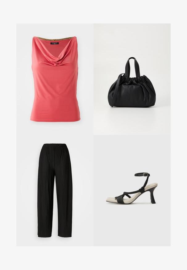 Coral sleeveless top with a draped neckline and gold chain detail at the collar. Smooth, stretchy fabric with a fitted shape and no patterns.; Black pleated wide-leg pants with an elastic waistband. The fabric features vertical pleats and a smooth texture.; Black heeled sandal with braided strap design, square toe, and adjustable ankle strap. Light beige footbed with a glossy black heel.; Black leather handbag with a gathered top design, featuring two short handles and a long adjustable strap. Smooth texture, rounded shape.