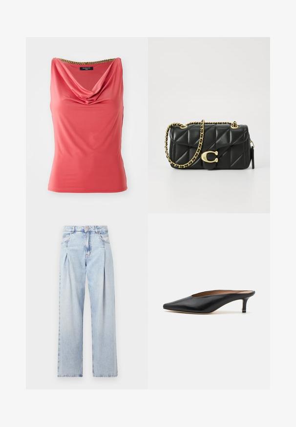 Korallenfarbenes ärmelloses Oberteil mit drapierter Ausschnittlinie und goldener Kettendetail am Kragen. Glatter, elastischer Stoff mit taillierter Form und ohne Muster.; Helle blaue Denim-Jeans mit hoher Taille, weitem Beinschnitt, zwei seitlichen Taschen und gefaltetem Design. Weiche Textur mit einem ausgebleichten Finish.; Schwarze Leder-Mules mit spitzem Zehenbereich und niedrigem Blockabsatz. Glatte Textur mit elegantem Design. Offene Rückseite mit minimaler Gestaltung.; Schwarze, gesteppten Lederhandtasche mit einer goldfarbenen Kettenriemen und einem Drehverschluss, der mit einem runden Akzent verziert ist. Kompakte rechteckige Form.