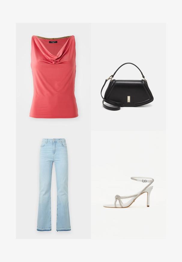 Top senza maniche color corallo con scollatura drappeggiata e dettaglio in catena dorata al colletto. Tessuto liscio e elasticizzato con una forma aderente e senza motivi.; Jeans flare azzurri in denim, caratterizzati da una vita alta, tasche anteriori e un orlo grezzo ai polsini per un look casual.; Sandal con tacco alto bianco con cinturino testurizzato e strass, design aperto sulla punta e cinturino alla caviglia con fibbia regolabile.; Borsa a mano in pelle nera con un design strutturato, caratterizzata da una forma corta, manico superiore e accessori in metallo dorato. Inclusa tracolla regolabile.