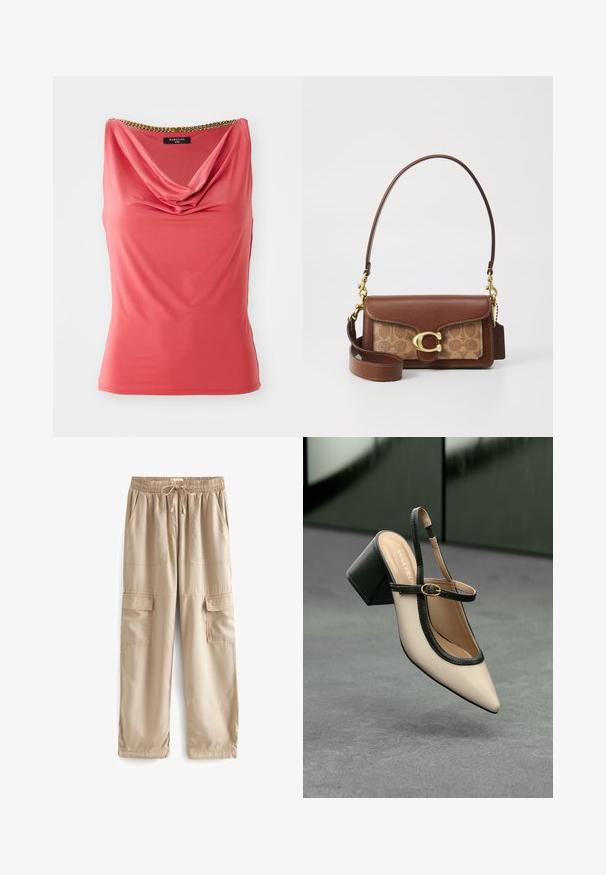 Koralju krāsu bez piedurknēm tops ar iegrieztu kakla izgriezumu un zelta ķēdes detaļām ap kaklu. Gluda, elastīga auduma struktūra ar pieguļošu formu un bez rakstiem.; Beige krāsu bikses ar kabatām, izgatavotas no viegla auduma, ar elastīgu jostasvietu, šņorēm un vairākiem lieliem priekšējiem kabatām.; Beige smailā purngalā siksnu kurpe ar melnu akcentu, zelta sprādzi un masīvu bloku papēdi uz pelēka grīdas ar tumši zaļu fonu.; Brūna ādas rokassoma ar zelta aizdari, kurai ir rakstaina smilšu krāsas paneļa. Iekļauts noņemams plecu siksnas un embosēta logotipa birka.