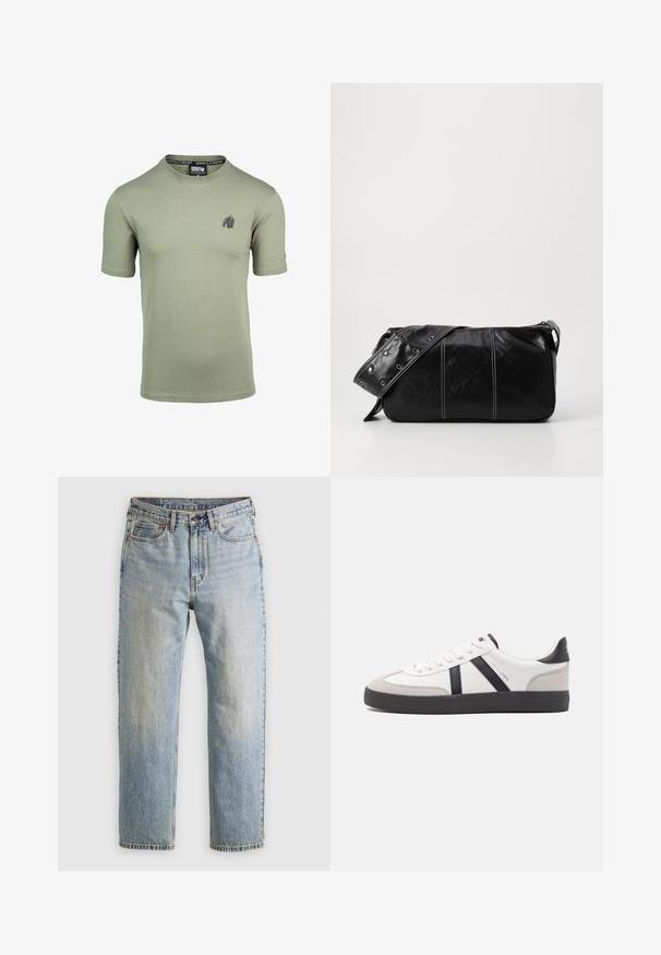 Alyvuogių žalios spalvos trumpomis rankovėmis marškinėliai, pagaminti iš minkštos medvilnės, su subtiliu tamsiai pilku gorilos logotipu kairėje krūtinės pusėje. Apvalus kaklas.; Šviesiai mėlynos džinsinės kelnės su aukštu liemeniu, priekyje mygtukas, užtrauktukas ir penkių kišenių dizainas, išklotos ant neutralios fono.; Balti sportbačiai su juodais ir pilkais akcentais, pasižymintys tekstūruotu pilku pirštų dangteliu, juoda gumine padais ir plokščiomis baltomis raišteliais. Švarus dizainas, minimalistinis stilius.; Juodas odinis pečių krepšys su užtrauktuku, turintis tekstūruotą paviršių, baltą siuvinėjimą ir dirželį su sidabinėmis metalinėmis detalėmis.