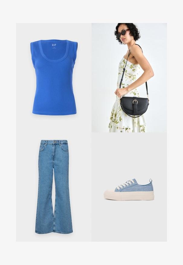 Modrý rebrovaný top bez rukávov so širokými ramienkami, okrúhlym výstrihom a priliehavým strihom. Hladká textúra bez vzorov alebo akcentov.; Svetlomodré rozšírené džínsy vyrobené z denimu, s vysokým pásom, piatimi vreckami a jednopoložkovým zapínaním na gombík. Mäkká textúra s vyblednutým povrchom.; Svetlomodré plátené tenisky s krémovou gumovou špičkou a podrážkou, obsahujúce biele šnúrky a pútko na päte.; Čierna kožená kabelka s zaobleným tvarom, odnímateľným popruhom a zlatými doplnkami. Kabelka má klopu s detailom s prackou.