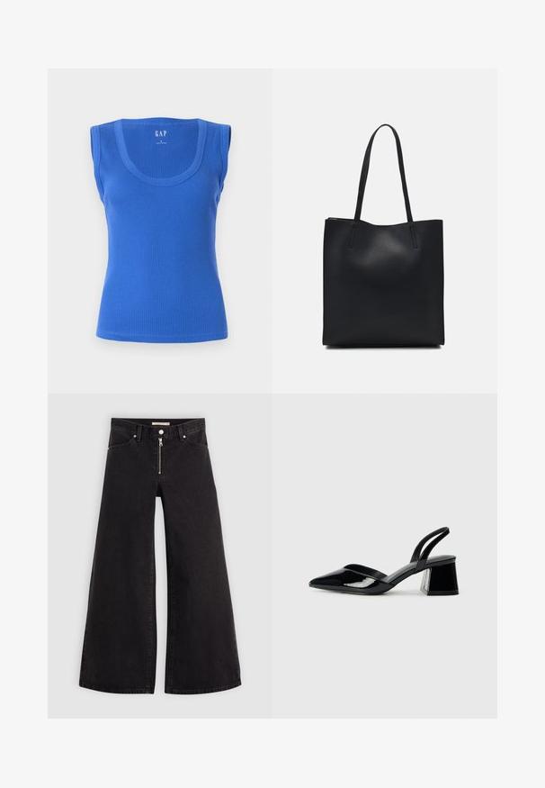 Blå ribbad linne med breda axelremmar, rund halsringning och figurnära silhuett. Slät textur utan mönster eller detaljer.; Breda jeans i svart denim med dragkedja fram, femfickorsdesign och subtila sömdetaljer. Slät textur och avslappnad stil.; Svarta lackläder slingback klackar med spetsig tå och geometrisk klack. Har en elegant, minimalistisk design och slät yta.; Svart lädertoffelväska med slät textur, rektangulär form och två långa handtag. Ingen synlig hårdvara eller dekorationer.