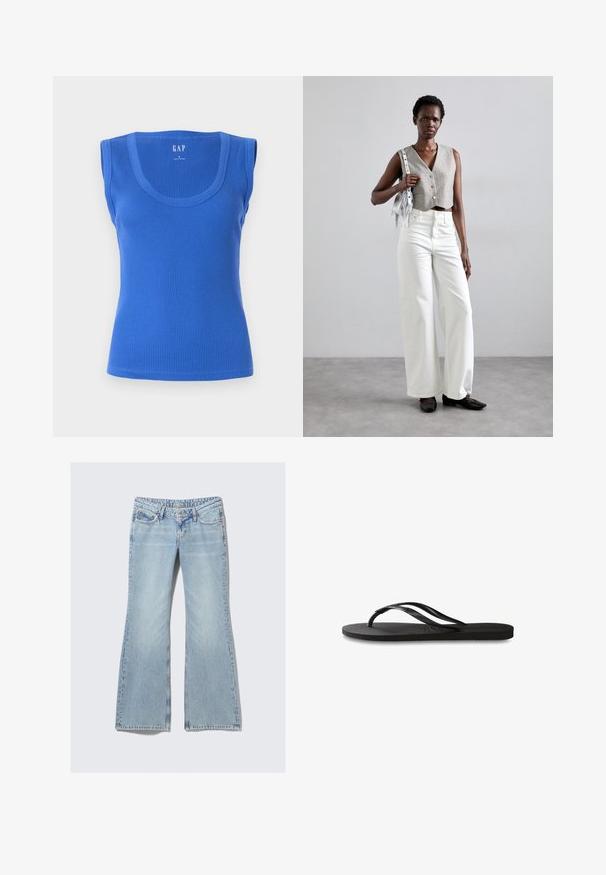 Zils ribots topiņš ar platām siksnām, apaļu kakla izgriezumu un pieguļošu siluetu. Gluda tekstūra bez rakstiem vai akcentiem.; Weekday NOVA - Pieguloša piegriezuma džinsi - lip blue; Melni čības ar teksturētu gumijas zoli, divām plānām siksniņām un smalku, iespiedotu logotipa detaļu uz siksniņas.; Pelēks īss vests ar pogām, apvienots ar baltām platām biksēm un melniem plakanajiem apaviem. Aksesuārs - mazs sudraba frizētājs.