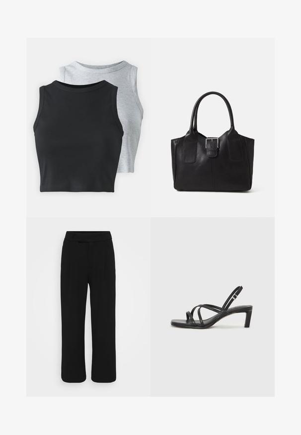Even&Odd Petite 2 PACK - Μπλούζα - light grey/black; Μαύρο παντελόνι με φαρδιά γραμμή από λεία ύφασμα, διαθέτοντας επίπεδο μπροστινό μέρος, θηλιές ζώνης και χωρίς ορατές τσέπες. Καθαρός, κομψός σχεδιασμός.; Μαύρη σανδάλι με λουράκια και τετράγωνη μύτη, καθώς και χαμηλό μπλοκ τακούνι. Διαθέτει πολλαπλά λεπτά λουράκια και ρυθμιζόμενο λουράκι στον αστράγαλο. Κατασκευασμένο από λείο δέρμα.; Μαύρη δερμάτινη τσάντα tote με λείο υφή, δομημένο σχήμα, δύο λαβές και επιφανές ασημένιο κούμπωμα μπροστά.