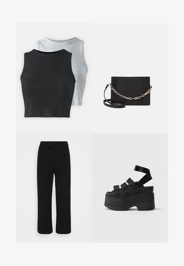 Even&Odd Petite 2 PACK - Top - light grey/black; Pantalones de pierna ancha negros, confeccionados en una tela suave, con un frente plano, presillas para cinturón y sin bolsillos visibles. Diseño limpio y ajustado.; UGG GOLDENRISE - Sandalias con plataforma - black; Bolso cruzado de piel negra con textura suave, forma rectangular y un detalle de cadena metálica en el frente. Incluye una correa ajustable.; Pulsera bangle de resina negra con una superficie lisa y brillante y bordes redondeados. Presenta un pequeño logo dorado "Pilgrim" en el interior.