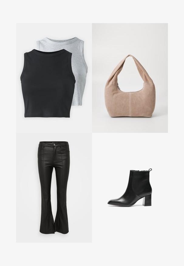 Even&Odd Petite 2 PACK - Top - light grey/black; Pantaloni neri a campana con una finitura lucida simile alla pelle, dotati di tasche frontali, chiusura con bottone e fessure laterali all'orlo.; Stivale alla caviglia in pelle nera con punta arrotondata, tacco largo di media altezza e linguetta sul retro. Texture liscia, design minimale.; Borse hobo realizzata in morbido materiale scamosciato di colore beige chiaro. Caratterizzata da una forma arrotondata con una tracolla ampia e chiusura con zip.