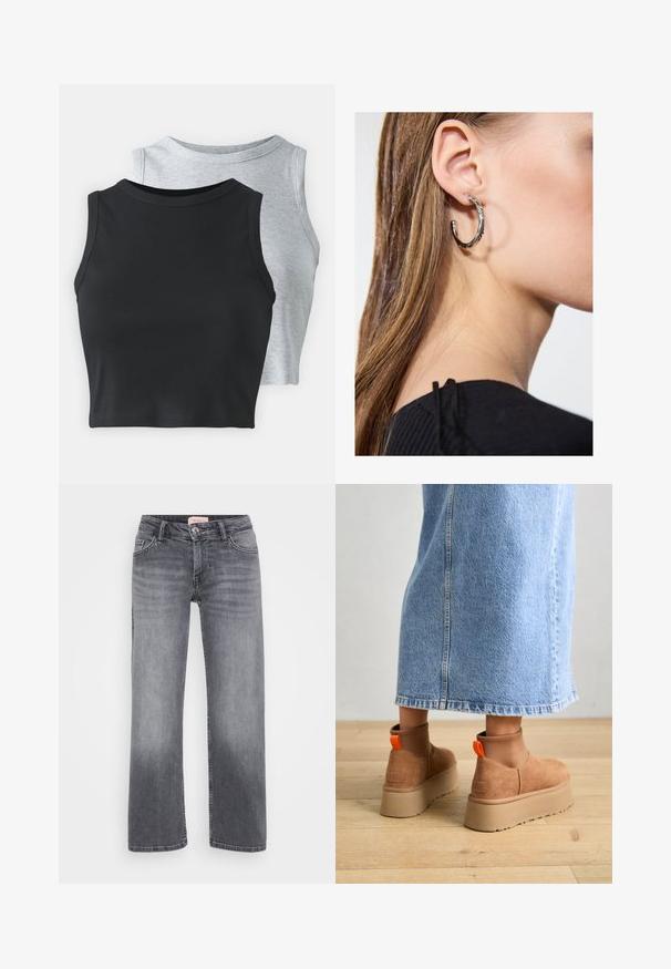 Even&Odd Petite 2 PACK - Top - light grey/black; Gray denim jeans with a straight leg design, five-pocket style, subtle fading, and a button closure at the waist.; Brown suede platform boots with elastic side panels and orange pull tabs, paired with a knee-length light denim skirt on a wooden floor.; Silver hoop earring with a polished finish, featuring small gold accent details and a round shape, worn on the lobe.