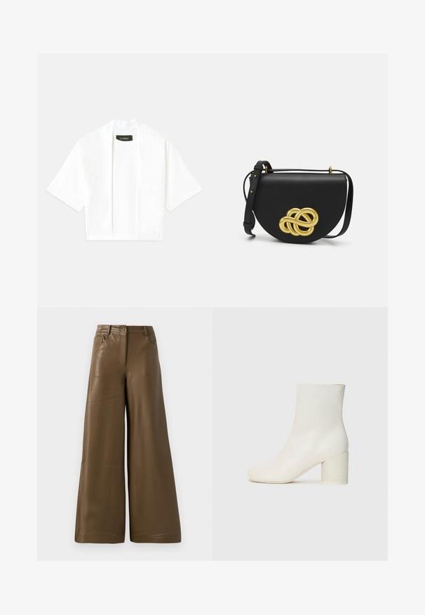 Bijela kratka rukava otvorena kardigan s okruglim izrezom i vidljivom crnom etiketom unutar ovratnika.; Hlače širokih nogavica od glatke, smeđe ekološke kože. Imaju visoki struk, četiri džepa i prednji patentni zatvarač. Ravna tekstura i minimalistički dizajn.; Bijela kožna čizma do gležnja s okruglim vrhom i debelim cilindričnim potplatom. Glatka tekstura, minimalni dizajn, bez vidljivih metalnih dijelova ili uzoraka.; Crna kožna torba za rame zaobljenog oblika, koja ima veliki zlatni dekorativni čvor s prednje strane i podesivu traku.