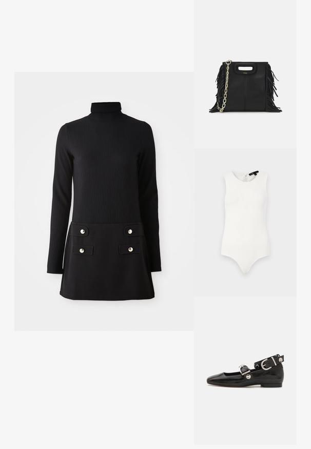 Bílý bezrukávový body z žebrované látky, s vykrojeným výstřihem a detaily na zádech ve tvaru klíčové dírky a elegantním designem spodní části.; Černé žebrované rolákové šaty s dlouhými rukávy, s přiléhavým živůtkem a rozšířenou sukní s dvěma předními kapsami a zlatými knoflíky.; Černé lakované baleríny se čtveratou špičkou, nártní přezkou s stříbrným kováním a plochou podrážkou. Hladká textura s minimalistickým designem.; Černá kožená kabelka s třásněmi, zlatým řetízkovým ramenním popruhem a rukojetí s výřezem. Na přední straně se nachází logo.