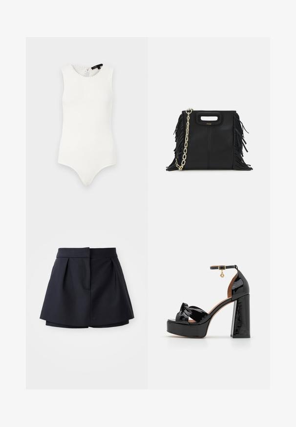 White sleeveless bodysuit made of ribbed fabric, featuring a scalloped neckline with a keyhole back detail and streamlined bottom design.; Navy pleated shorts with a high waist, made from smooth fabric. Features a fitted design and hidden front pocket.; Maje High heeled sandals - noir; Black leather handbag with fringe details, gold chain shoulder strap, and a cut-out handle. Features logo placement on the front.