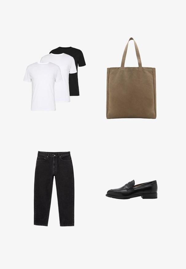 Pachet de trei tricouri: unul negru și două albe. Fiecare are guler rotund, mâneci scurte și este confectionat dintr-un material de bumbac neted.; Cămașă neagră cu mânecă scurtă, confecționată dintr-un material ușor, având guler în vârf și închidere frontală cu nasturi albi.; Jeans din denim negre, cu talie înaltă, drept, cu nasture în față, fermoar, bucle pentru curea și design cu cinci buzunare.; Loafers negri din piele cu vârf brodat și toc plat. Textură netedă, cu vârf rotund și o curea decorativă pe instep.; Geantă de pânză în nuanță de bej, dotată cu două mânere rezistente. Formă rectangulară cu o textură netedă și fără embellishments vizibile.