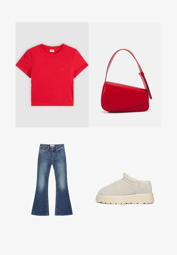 Punainen puuvillapaita, jossa on ribby rakenne, lyhyet hihat ja pyöreä kaula-aukko. Vasemmassa rinnassa pieni merkkilogo.; Farkkujen leveälahkeet keskipäivän sinisessä, jossa on kulumisen yksityiskohtia. Ominaisuuksiin kuuluu klassinen viisi taskua -design ja kontrastivärinen ompelu nappisuljennalla.; Beige nubukki liukuva kenkä, jossa on pyöristetty varvas, pehmustettu kaulus ja paksu kerma sävyinen pohja, jossa on uria pitoa varten. Saumojen yksityiskohdat näkyvät.; Punainen nahkalaukku, jossa on kulmikas, geometrinen muotoilu. Varustettu yhdellä säädettävällä hihnalla ja läpällä, jossa on ommeltu yksityiskohtia.