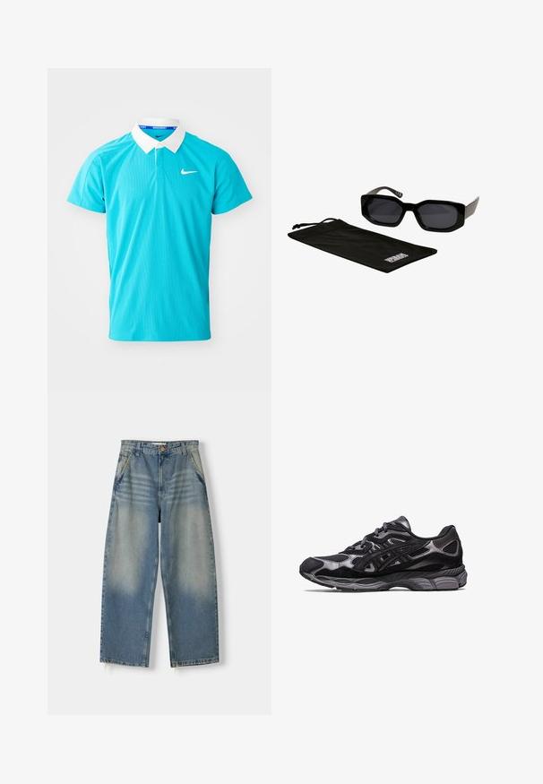 Türkises Poloshirt mit einem weißen Kragen, kurzen Ärmeln und einem kleinen weißen Nike-Logo auf der linken Brust. Aus strukturiertem Stoff gefertigt.; Hellblaue Denim-Jeans im weit geschnittenen Stil mit einem ausgewaschenen Finish, Fünf-Taschen-Design und rohem Saum. Mit einem Knopf- und Reißverschluss vorne.; Schwarzer Sportschuh mit einem Obermaterial aus Mesh und Wildleder, der ein strukturiertes Design und eine robuste, gepolsterte graue Sohle aufweist.; Schwarze Sonnenbrille mit eckigen, übergroßen Rahmen und dunklen Gläsern, begleitet von einem schwarzen Mikrofaserbeutel mit einem Logo.