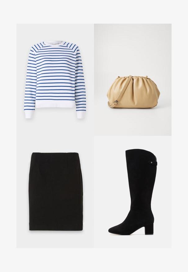 Biała bluza z niebieskimi poziomymi paskami, okrągłym dekoltem i ściągaczami przy mankietach. Wykonana z miękkiej mieszanki bawełny.; Czarna spódnica o długości do kolan w fasonie ołówkowym z prostym wykończeniem i subtelnymi szwami w okolicy pasa na białym tle.; Czarne zamszowe kozaki za kolano z ostrym noskiem i blokowym obcasem. Charakteryzują się gładką fakturą i prostym wzornictwem, z bocznym akcentem w postaci paska.; Torebka skórzana w kolorze tan z plisowanym wzorem, regulowanym paskiem i zaokrąglonym kształtem. Minimalistyczne logo na przedniej powierzchni.