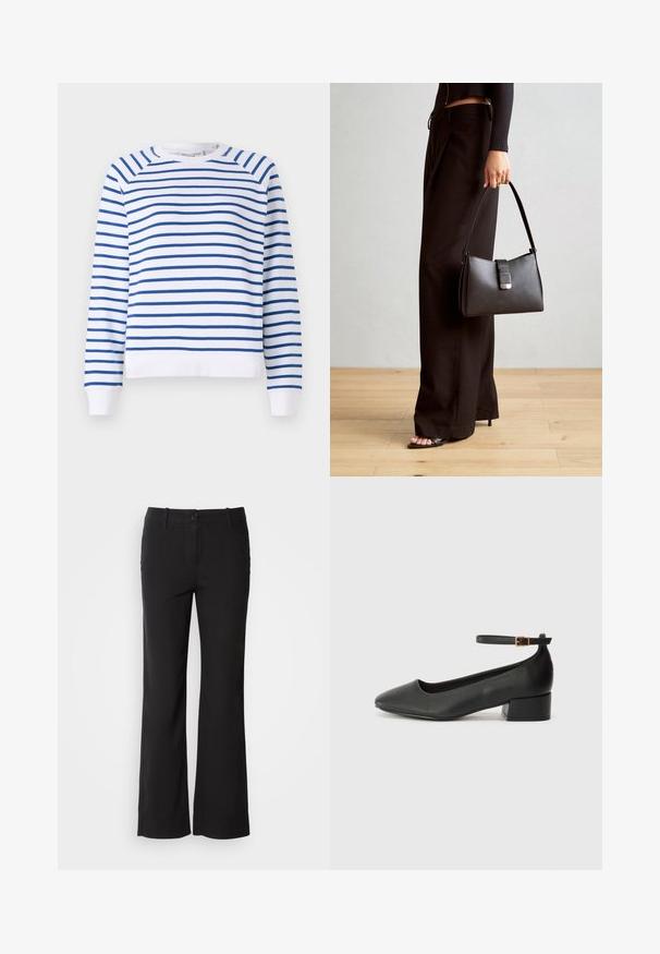 Witte sweatshirt met blauwe horizontale strepen, ronde halslijn en geribbelde manchetten. Gemaakt van een zachte katoenmix.; Zwarte katoenmix broek met een rechte pijpdesign, sluiting met een knop aan de voorkant en twee zijzakken. Soepele textuur, geen zichtbare patronen.; Zwarte leren pump met een spitse neus en een lage blokhak. Beschikt over een enkelband met een goudkleurige gespsluiting. Gladde textuur.; Zwarte handtas met gestructureerde vorm, gladde textuur en een metalen sluiting. Gecombineerd met brede zwarte broeken en sandalen met open teen op een houten vloer.