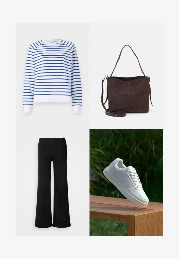 Hvid sweatshirt med blå vandrette striber, rund halsudskæring og ribbede manchetter. Fremstillet af blødt bomuldsblandingsstof.; Sorte brede bukser lavet af denimstof, med frontlommer, knaplukning og en glat tekstur med en ren finish.; Hvid sneaker med en glat syntetisk overdel, perforeret tåboks, flade snørebånd og en tekstureret sål, præsenteret på en træoverflade.; Brun ruskinds tote bag med en blød tekstur, der har en enkelt skulderrem og en diskret buet topåbning. Ingen synlige hårde detaljer.