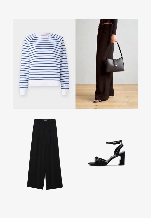 White sweatshirt with blue horizontal stripes, round neckline, and ribbed cuffs. Made from soft cotton blend fabric.; Black wide-leg pants featuring a textured fabric, an elastic waistband, and a detachable sash tie at the waist for adjustable fit.; Black suede heeled sandals with a wide block heel, adjustable ankle strap, open toe design, and contrasting stitched detailing.; Black handbag with structured shape, smooth texture, and a metallic clasp. Paired with wide black pants and open-toe sandals on wooden floor.