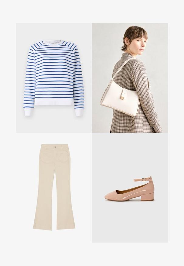 White sweatshirt with blue horizontal stripes, round neckline, and ribbed cuffs. Made from soft cotton blend fabric.; Beige flared pants with a high waist, made of cotton fabric. Features front and back pockets, belt loops, and a single silver button.; Patent leather pink flat shoe with a rounded toe, ankle strap, and a low block heel. Smooth texture and minimalist design.; White leather handbag with a structured design, featuring a magnetic clasp and a shoulder strap, showcased against a neutral background.