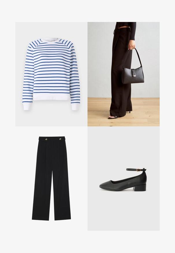 Valkoinen collegepaita, jossa on sinisiä vaakasuoria raitoja, pyöreä kaula-aukko ja resorit hihansuissa. Valmistettu pehmeästä puuvillasekoitekankasta.; Mustat leveälahkeiset housut, joissa on korkea vyötärö, napit vyötärönauhassa ja etupuolella laskokset.; Mustat nahkakengät, joissa on terävä kärki ja matala lohkare korko. Varustettu nilkkahihnalla, jossa on kultasävyinen solki. Lisää sileä pinta.; Musta käsilaukku, jossa on rakenteellinen muoto, sileä pinta ja metallinen solki. Yhdistetty leveisiin mustiin housuihin ja avonaiheisiin sandaaleihin puulattialla.