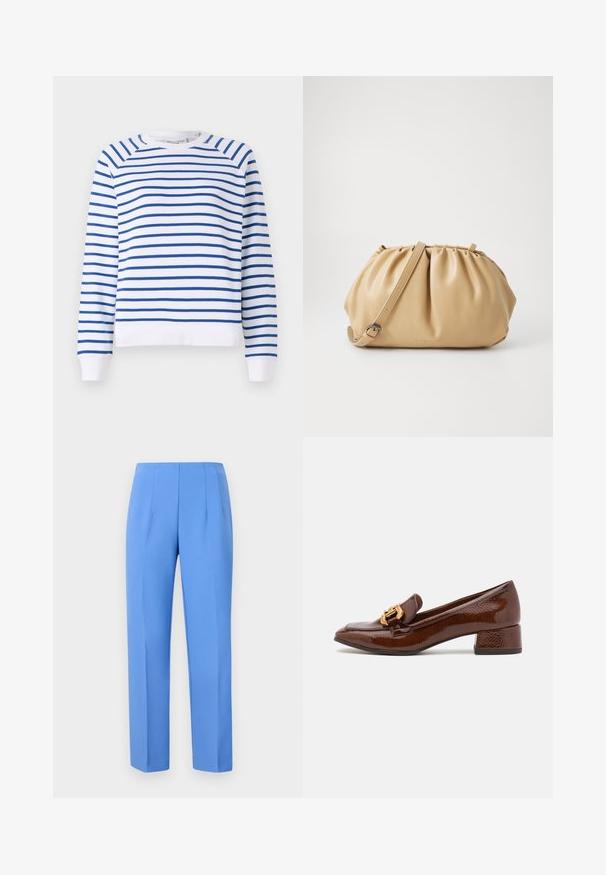 Valge sviiter siniste horisontaalsete triipudega, ümar kaelus ja soonikkoes varrukas. Valmistatud pehmest puuvillasegusest kangast.; Sinise pritsiga külgmiste voldikutega stiled püksid, mis on valmistatud siledast kangast ja millel on sirge lõige ning puhas vöökoht. Ei mingeid nähtavaid metallosi ega mustreid.; Pruunid nahast loafersid läikiva viimistlusega, esiosal dekoratiivne kuldne pannal ja madal plokk konts. Klassikaline disain.; Kohvitooni nahkkott, millel on pleekitud disain, reguleeritav rihm ja ümar kuju. Minimalistlik bränding esipinnal.