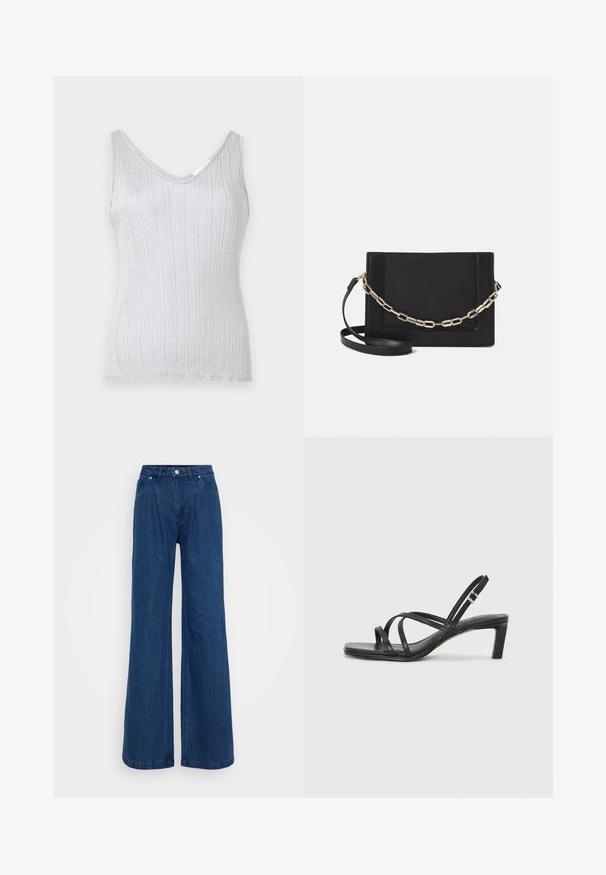 Silbernes, geripptes Tanktop mit V-Ausschnitt und breiten Trägern, ausgestattet mit einer weichen Textur und subtilen Schimmer. Der Saum ist mit einer einfachen, gebundenen Kante verarbeitet.; Weite blaue Jeans mit hoher Taille, vorderem Knopf- und Reißverschlussverschluss sowie Vorder- und Hintertaschen vor einem schlichten Hintergrund.; Schwarze Sandale mit Riemchen, quadratischer Zehenform und niedrigem Blockabsatz. Verfügt über mehrere dünne Riemen und einen verstellbaren Knöchelriemen. Hergestellt aus glattem Leder.; Schwarze Leder-Crossbody-Tasche mit glatter Textur, rechteckiger Form und metallic-kettendetail auf der Vorderseite. Verstellbarer Gurt inklusive.