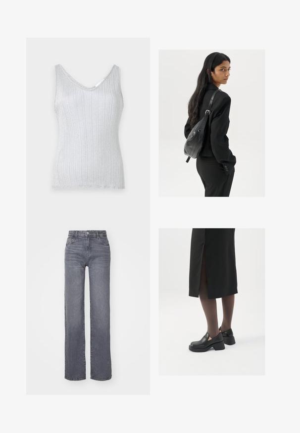 Hõbedane ribaga särk V-kaelusega ja laiade rihmadega, millel on pehme tekstuur ja õrn sära. Hem on lõpetatud lihtsa äärega.; Hallid hallid laiad teksad, mis on valmistatud siledast denimist, sisaldavad nööpi ja tõmblukku ning viis taskut.; Mustad mustad jalatsid ümmarguse varbaga, paksu plokkniidi ja elastsete külgdetailidega, kombineeritud tumedate sukkade ja musta lõhikuga seelikuga.; Pikkade tumehaired naine mustas ülikonnas, kandes musta nahast õlakotti, vaatab üle õla valge tausta taustal.