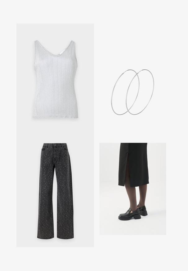 Sidabrinė juostos rašto liemenėlė su V formos iškirpte ir plačiomis petnešėlėmis, pasižyminti švelnia tekstūra ir subtiliu blizgesiu. Apdaila baigta paprastu krašto apdailos variantu.; Noisy May NMJANNEL LOOSE - Laisvo kirpimo džinsai - black denim; Juodos odinės bateliai su apvaliu nosiu, stora blokine pakulne ir elastingais šonais, derinami su tamsiomis pėdkelnėmis ir juoda sijonu su plyšiu.; Sidabrinės pusmėnulio auskarai minimalistiniu dizainu. Apskritimo forma, lygus paviršius ir plonas profilis. Lengvi su poliruotu apdailu.