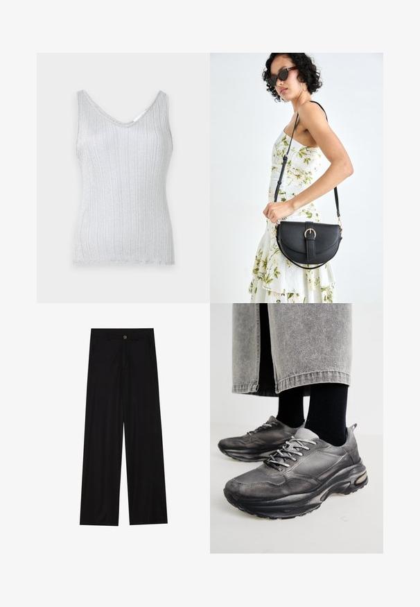 Top in argento a righe con scollatura a V e spalline larghe, caratterizzato da una consistenza morbida e un sottile luccichio. L'orlo è rifinito con un semplice bordo.; Pantaloni neri a gamba larga realizzati in un tessuto liscio, dotati di tasche frontali e chiusura con bottone in vita. Design minimalista senza motivi.; Le scarpe da ginnastica nere e grigie presentano una tomaia in rete, suole spesse e lacci. Hanno una punta arrotondata e un dettaglio di ammortizzazione visibile.; Borsa a tracolla nera in pelle con una forma curva, manico rimovibile e accessori dorati. La borsa presenta una patta con un dettaglio a fibbia.