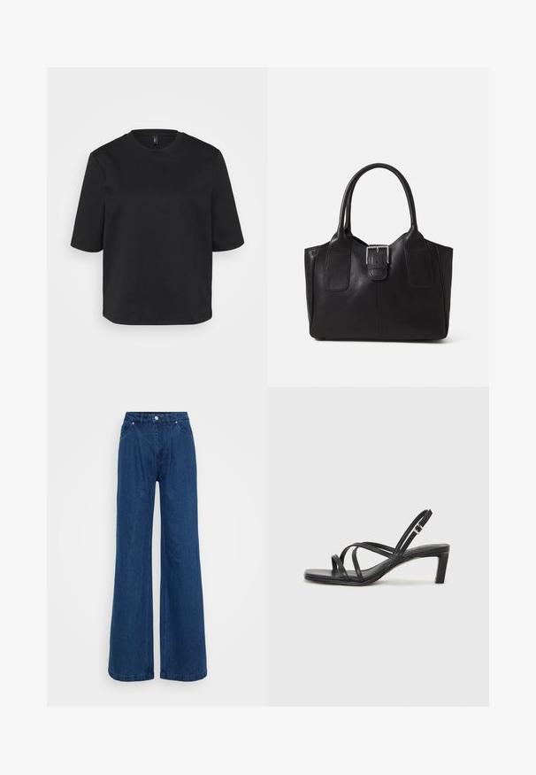 Fekete környakú pamut póló, rövid ujjal és laza fazonnal. Simaszövet, látható minták vagy díszítések nélkül.; Magas derekú, széles lábú kék farmernadrág, elülső gomb- és cipzárzárral, valamint elülső és hátsó zsebekkel, sima háttér előtt.; Fekete pántos szandál négyzetes orral és alacsony blokk sarkal. Több vékony pánttal és állítható boka pánttal rendelkezik. Sima bőrből készült.; Fekete bőr bevásárlótáska sima textúrával, strukturált formával, két fogantyúval és egy figyelemfelkeltő ezüst csattal az elején.