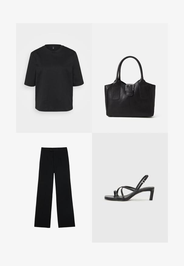 Černé tričko s kulatým výstřihem vyrobené z bavlny, s krátkými rukávy a volným střihem. Hladký povrch bez viditelných vzorů nebo akcentů.; Černé kalhoty širokého střihu vyrobené z hladkého materiálu, s předním zapínáním na knoflík a dvěma sklady pro zvýraznění detailu. Celkově střižený design.; Černé sandály na tenkém podpatku se čtveratou špičkou a nízkým blokovým podpatkem. Mají několik tenkých popruhů a nastavitelné zapínání okolo kotníku. Vyrobeny z hladké kůže.; Černá kožená tote taška s hladkým povrchem, strukturovaným tvarem, dvěma uchy a výrazným stříbrným detailem s přezkou na přední straně.