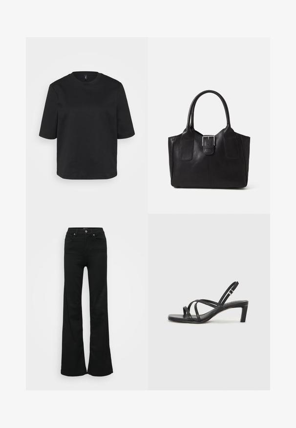 Melnā apģērbojamo crew-neck T-kreklā, izgatavotā no kokvilnas, ir īsas piedurknes un brīvs piegriezums. Gluda tekstūra bez redzamām rakstām vai akcentiem.; Melnas flared džinsas, izgatavoti no denima, ar augstu jostasvietu, piecām kabatām un metāla pogu aizdari. Gluda tekstūra ar minimālu apdari.; Melnas strappy sandales ar kvadrātveida purngaliem un zemu bloku papēdi. Ievērojamas ar vairākiem plāniem siksniņām un regulējamu potītes siksniņu. Izgatavotas no gludas ādas.; Melnas ādas somiņa ar gludu tekstūru, strukturētu formu, divām rokturām un izteiktu sudraba sprādzi priekšpusē.
