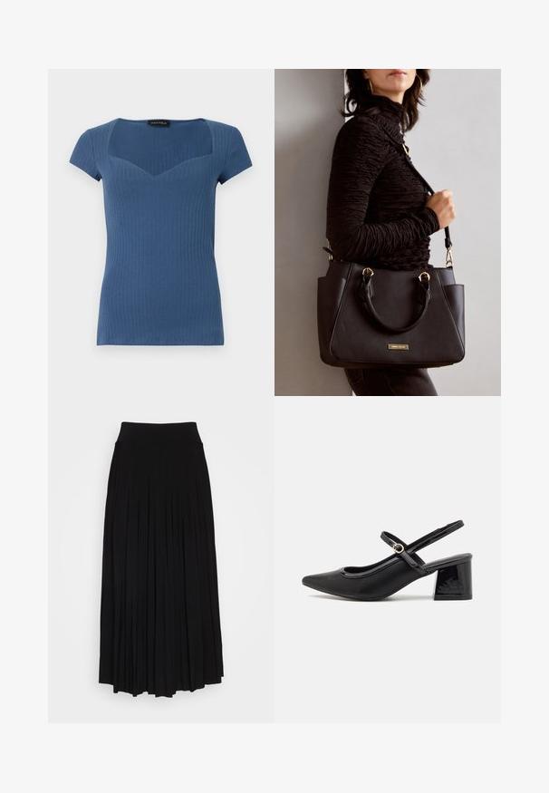 Ribljen modri kratkosleeveni top s kvadratnim izrezom in oprijetim dizajnom. Narejen iz raztegljivega materiala, z diskretno teksturo.; Črna plisirana krila z visokim, raztegljivim pasom. Narejeno iz mehke tkanine, z navpičnimi plisami za lahkotno silhueto.; Črne patentne usnjene salonarce s slingback obliko, s koničastim nosom, zaobljenim izrezom in blok peto. Imajo zlato kovinsko zaponko kot dodatno okrasje.; Črna torbica z teksturirano površino, z dvema zgornjima ročajema in nastavljivim ramenskim pasom. Ima zlatovrateče dodatke in stranske žepe.