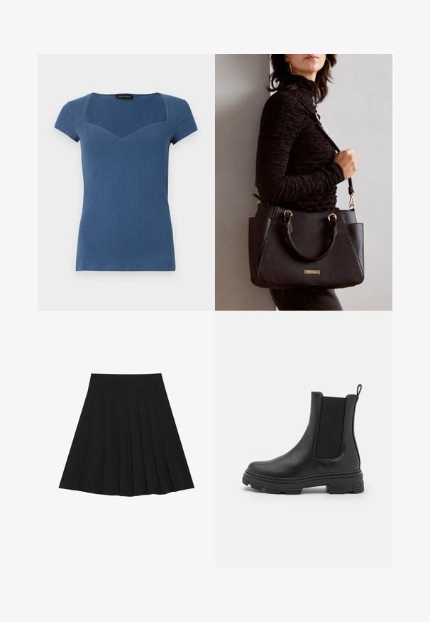 Ribbet blå kortermet topp med firkantet utringning og tettsittende design. Laget av elastisk materiale med en subtil tekstur.; Svart plisserte skjørt laget av teksturert stoff med en tettsittende linning. Går til knelengde, med en glatt, ren silhuett.; Sorte lær ankelstøvler med elastiske sidepaneler, rund tå og teksturert gummisåle. Har en løkke bak for enkel påkledning.; Svart håndveske med teksturert overflate, doble topphåndtak og justerbar skulderrem. Har detaljer i gulltone og sidelommer.