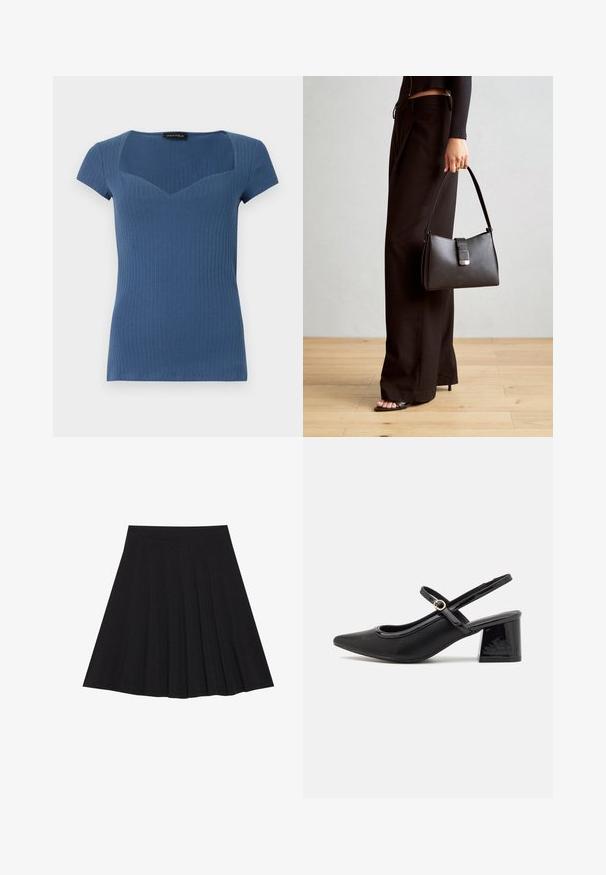 Top azul com manga curta e textura canelada, com decote quadrado e design ajustado. Feito de material elástico, apresenta uma textura subtil.; Saia preta plissada feita de tecido texturizado com uma faixa na cintura ajustada. Cai até ao joelho, apresentando uma silhueta suave e limpa.; Sabrinas de cerâmica preta com salto bloco, bico apontado e um design com recortes arredondados. Apresenta um detalhe em fivela de tom dourado.; Bolsa preta com forma estruturada, textura suave e um fecho metálico. Combinada com calças largas pretas e sandálias de salto aberto sobre um chão de madeira.