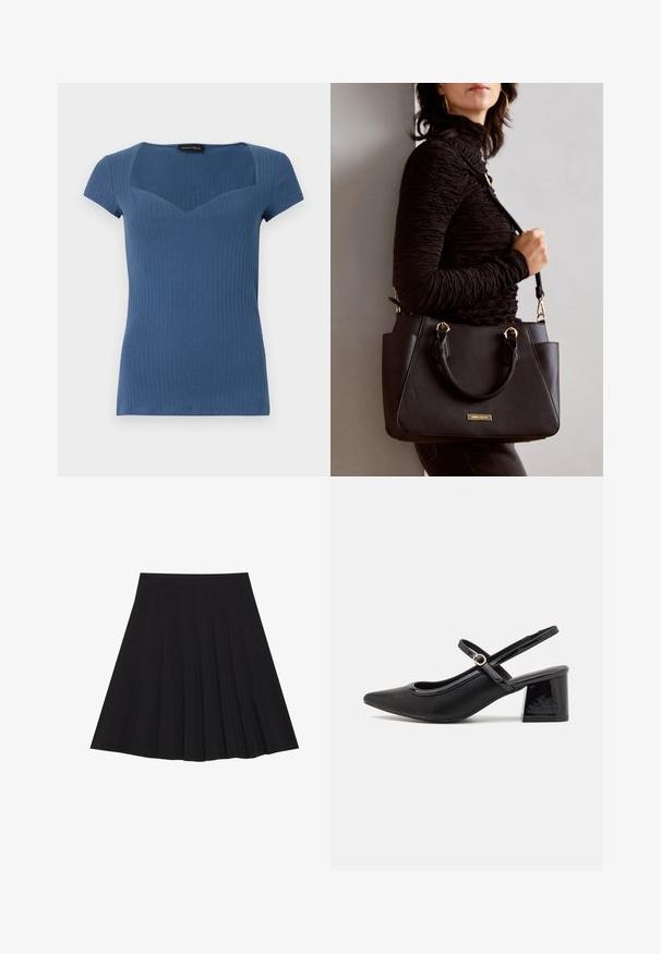 Ribbed blue short-sleeve top with a square neckline and fitted design. Made from stretchy material, featuring a subtle texture.; Black pleated skirt made of textured fabric with a fitted waistband. Falls to knee length, featuring a smooth, clean silhouette.; Black patent leather slingback heels with a pointed toe, a rounded cutout design, and a block heel. Features a gold-tone buckle accent.; Black handbag with textured surface, dual top handles, and adjustable shoulder strap. Features gold-tone hardware and side pockets.