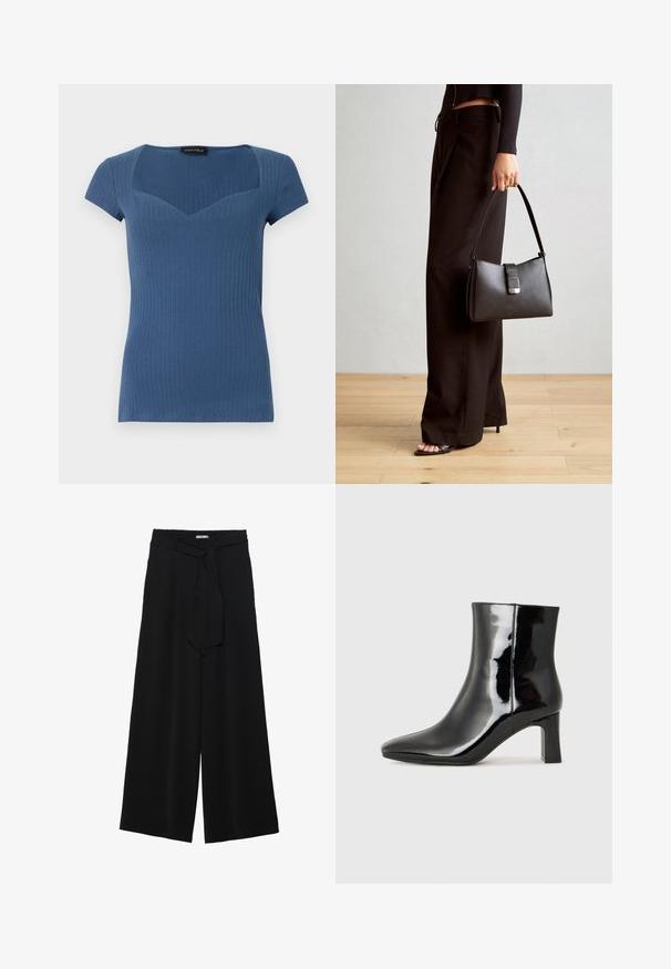 Ribota zila īsām piedurknēm blūze ar kvadrātveida kakla izgriezumu un pieguļošu dizainu. Izgatavota no elastīga materiāla, ar smalku tekstūru.; Melni platleņķa bikses ar teksturētu audumu, elastīgu jostu un noņemamu siksnu viduklī, kas nodrošina regulējamu piegulšanu.; Melnas patentētas ādas potīšu zābaki ar norādītu pirkstu un vidēja augstuma kvadrātveida papēdi. Gluda tekstūra un minimālisma dizains.; Melnā somiņa ar strukturētu formu, gludu tekstūru un metālu sprādzi. Saskaņota ar platām melnām biksēm un sandālēm ar atvērtu purngalu uz koka grīdas.