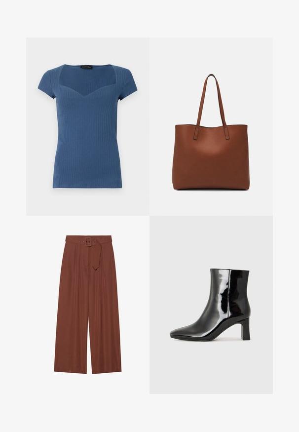 Ribbet blå kortærmet top med firkantet udskæring og tætsiddende design. Fremstillet af strækbart materiale med en subtil tekstur.; Løse bukser i brunt stof, med et bælte med firkantet spænde, plisseret design og glat overflade.; Sort lakeret ankelstøvle med spids tå og en midt-højde blokhæl. Glat tekstur og minimalistisk design.; Brun læder tote taske med en glat overflade, åben topdesign og to skulderremme. Har minimal syning og ingen synlig hardware.