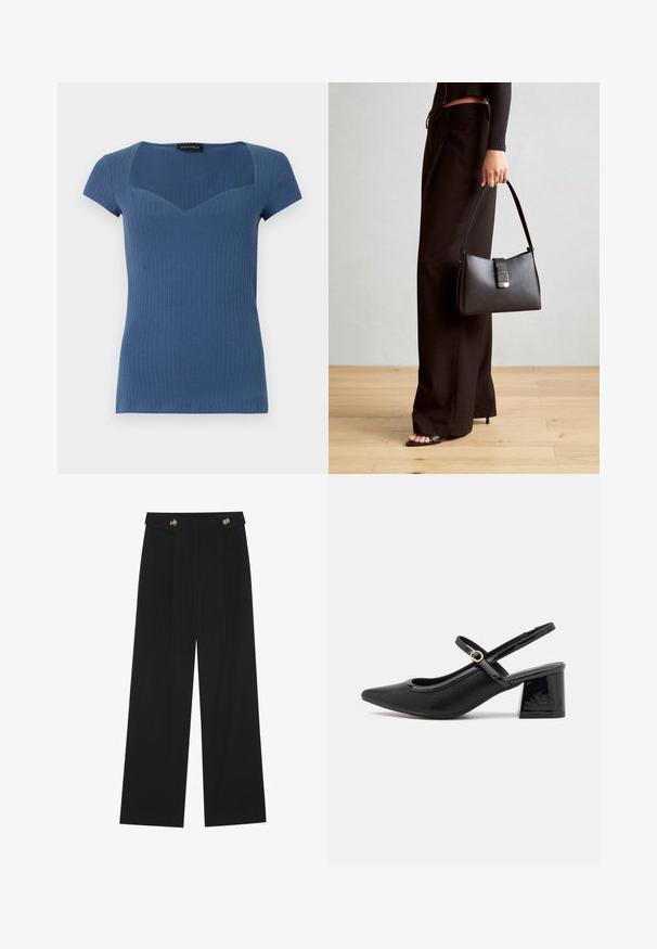 Geribbelde blauwe top met korte mouwen, een vierkante halslijn en een getailleerd ontwerp. Gemaakt van rekbaar materiaal, met een subtiele textuur.; Zwarte wijde broek met hoge taille, knoopdetails op de tailleband en plooien aan de voorkant.; Zwarte gepolijste leren slingback hakken met een spitse neus, een ronde uitsnede en een blokhak. Voorzien van een gouden gespaccent.; Zwarte handtas met gestructureerde vorm, gladde textuur en een metalen sluiting. Gecombineerd met brede zwarte broeken en sandalen met open teen op een houten vloer.