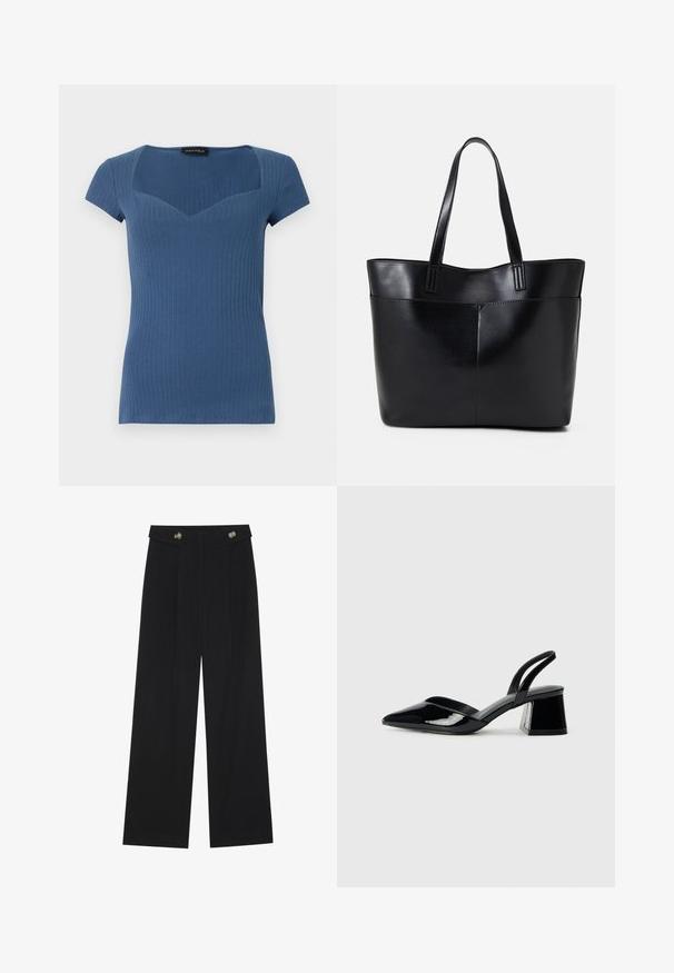 Ribatud sinine lühikeste varrukatega topp, millel on ruudukujuline kaelus ja vormiv disain. Valmistatud venivast materjalist, millel on peen tekstuur.; Mustad laiad püksid kõrge vöökoha ja nööpdetailidega vööandil, esikortsudega.; Mustad musta lakknahk kingad, millel on terav varvas ja geomeetriline plokkkonts. Omab elegantselt minimalistlikku disaini ja sujuvat tekstuuri.; Must mustaga musta nahast, millel on kaks pikka kanda, sile tekstuur ja struktureeritud kuju. Esipoolsel on lisakoti jaoks tasku.
