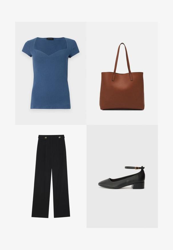 Geribbelde blauwe top met korte mouwen, een vierkante halslijn en een getailleerd ontwerp. Gemaakt van rekbaar materiaal, met een subtiele textuur.; Zwarte wijde broek met hoge taille, knoopdetails op de tailleband en plooien aan de voorkant.; Zwarte leren pump met een spitse neus en een lage blokhak. Beschikt over een enkelband met een goudkleurige gespsluiting. Gladde textuur.; Bruine leren tote bag met een gladde textuur, een ontwerp met een open bovenkant en twee schouderbanden. Kenmerkt zich door minimale stiksels en geen zichtbare hardware.