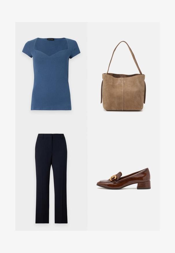 Žebrovaný modrý top s krátkym rukávom, s štvorcovým výstrihom a priliehavým strihom. Vyrobený z elastického materiálu, s jemnou textúrou.; Námornícke modré upravené nohavice so rovný strihom, vyrobené z hladkej látky. Obsahujú pútka na opasok, predné vrecká a čistý dizajn pásu.; Hnedé kožené loafers s lesklým povrchom, s dekoratívnym zlatým prackom na prednej strane a nízkym blokovým podpätkom. Klasický dizajn.; Hnedá semišová taška cez rameno s jemnou textúrou, otvoreným vrchom a jedným ramenným popruhom. Disponuje hladkým povrchom a minimálnym detailovaním.
