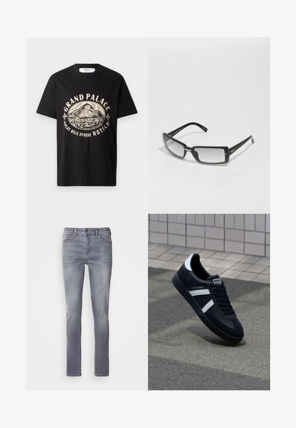 Juodas medvilninis marškinėliai su béžinės spalvos grafika, vaizduojančia kalną, ir tekstu "Grand Palace Replay Belle Epoque Hotel." Paprastas apykaklės dizainas.; Šviesiai pilki džinsai su tiesiu kirpimu, turintys penkis kišenes, varinį mygtuką ir nežymų nusidėvėjimą ant kojų.; Juodas odinis sportinis batelis su baltais dryžiais, tekstūruota gumine padais ir raišteliais priekyje. Yra prekės ženklą žymintis etiketė ant liežuvio.; Juodų stačiakampių saulės akinių su gradientiniu lęšiu, turinčių storą rėmelį ir metalinius akcentus ant kojelių. Visoje apieje glotni tekstūra.