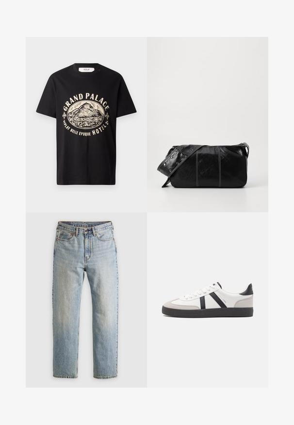 Tricou negru din bumbac cu un imprimeu grafic bej care reprezintă un munte și textul "Grand Palace Replay Belle Epoque Hotel." Design simplu cu guler rotund.; Jeans din denim de culoare albastru deschis, cu talie înaltă, nasture frontal, fermoar și design cu cinci buzunare, așezate platesc pe un fundal neutru.; Sneaker alb cu accente negre și gri, având un capac de vârf gri texturat, talpă din cauciuc negru și șireturi plate albe. Design elegant, stil minimalist.; Geantă de umăr din piele neagră cu închidere cu fermoar, având un corp texturat, cusături albe și o curea cu ochiuri argintii.