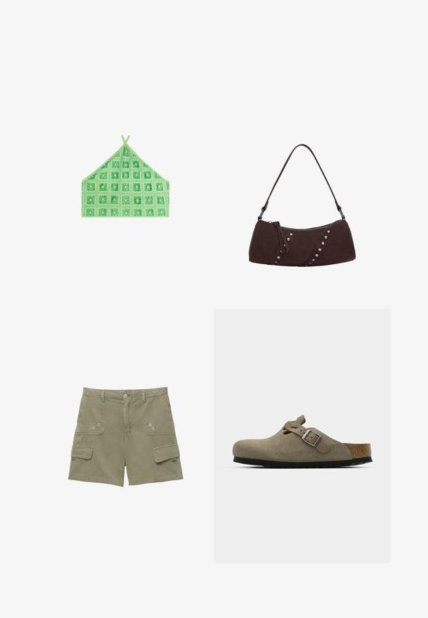 Bralette triangolare verde realizzato in tessuto stampato con motivi quadrati, caratterizzato da spalline sottili e accentuazioni testurizzate.; Pantaloni cargo in cotone verde oliva con due tasche frontali, una tasca laterale e chiusura a bottone metallico. Texture liscia e vestibilità su misura.; Zoccoli in suede di un verde oliva chiaro con una soletta in sughero e gomma sagomata. Presentano una cinghia laterale con fibbia metallica e una punta arrotondata.; Borsa a tracolla in finta pelle marrone con forma curva, chiusura con zip e borchie decorative argentate su un lato. Presenta una spallina corta.