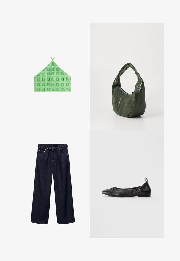 Bralette triangulaire vert en tissu à motifs avec des motifs carrés, présentant des fines bretelles et des accents texturés.; Jeans larges bleu foncé en denim. Présentent une taille ceinturée avec plusieurs boutons, des poches avant et une finition soignée aux ourlets.; Ballerines en cuir noir avec bout rond, côtés élastiques froncés et une languette au talon, présentées sur un fond clair.; Sac en cuir tissé vert avec une poignée incurvée et une fermeture zippée. Présente une surface texturée avec un motif et une forme douce et décontractée.