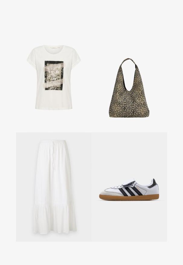Biela bavlnená tričko s krátkymi rukávmi a okrúhlym výstrihom, s grafickým potlačou listov a textom "PRÍRODA JE UMENIE" v čiernej farbe.; Biela, sukňa po kolená vyrobená z ľahkej tkaniny s elastickým pásom a šnúrkou na stiahnutie. Má volánový lem a jemnú štruktúru.; Biele kožené tenisky s čiernymi pruhmi a šedými akcentmi, s okrúhlou špičkou a gumovou podrážkou. Zapínanie na suchý zips a šnúrky.; PULL&BEAR Veľká kabelka - mottled dark brown