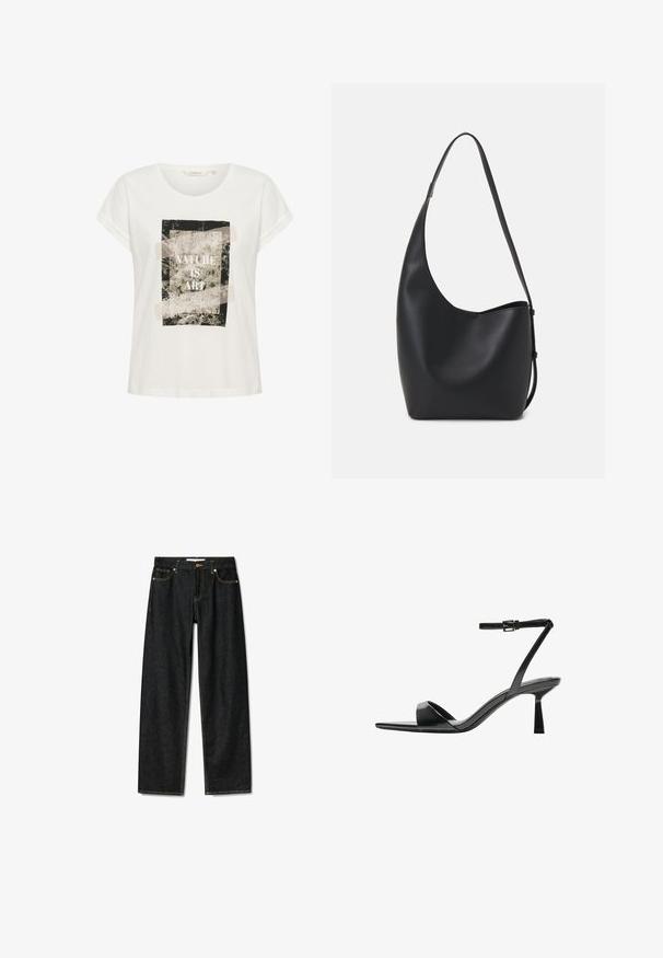 Hvid bomulds t-shirt med korte ærmer og rund hals, med et grafisk print af løv og teksten "NATURE IS ART" i sort.; Mørke denim jeans med lige snit, messingknaplukning og kontrasterende gul syninger. Har fem lommer og et klassisk fit.; Bershka Højhælede sandaletter / Højhælede sandaler - black; Sort læder hobo taske med en glat overflade, buet form og en enkelt justerbar rem; har en bred åbning øverst.
