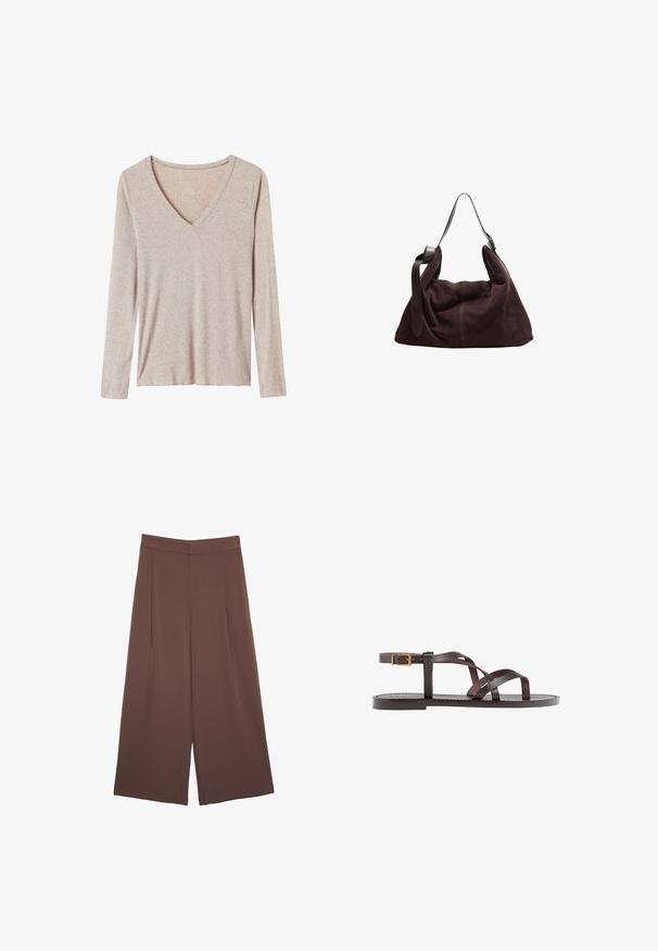 Langarm-V-Ausschnitt-Oberteil in Hellbeige. Hergestellt aus weichem, strukturiertem Stoff mit lockerer Passform und minimalen Nähten.; Braune Weite-Leg-Hosen mit einer glatten Textur, hoher Taille und Vorderfalten. Der Stoff ist leicht und fällt locker.; Braune Leder-Sandale mit überkreuzten Riemen, einem Knöchelriemen mit Schnalle und einer flachen Sohle mit minimalen Nähdetails.; Dunkelbraune Wildleder-Hobo-Schultertasche mit breitem, verstellbarem Ledertragegurt und weichem, lässigem Körper vor weißem Hintergrund.